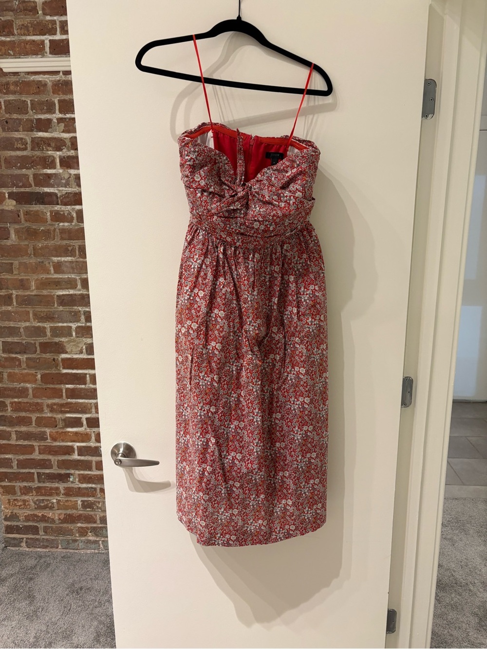 Red Floral Strapless Midi Dress with Twisted Bodice